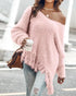 V-Neck Long Sleeve Sweater Fringe Pullover Casual Tassel Fall Winter Top pink
