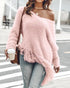 V-Neck Long Sleeve Sweater Fringe Pullover Casual Tassel Fall Winter Top pink