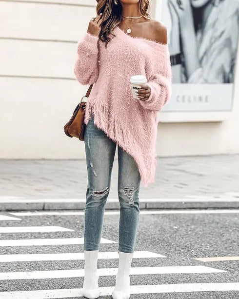 V-Neck Long Sleeve Sweater Fringe Pullover Casual Tassel Fall Winter Top pink