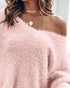V-Neck Long Sleeve Sweater Fringe Pullover Casual Tassel Fall Winter Top pink