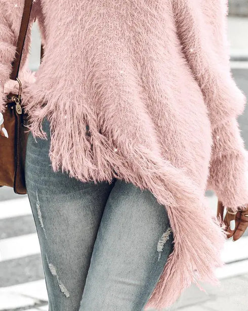 V-Neck Long Sleeve Sweater Fringe Pullover Casual Tassel Fall Winter Top pink