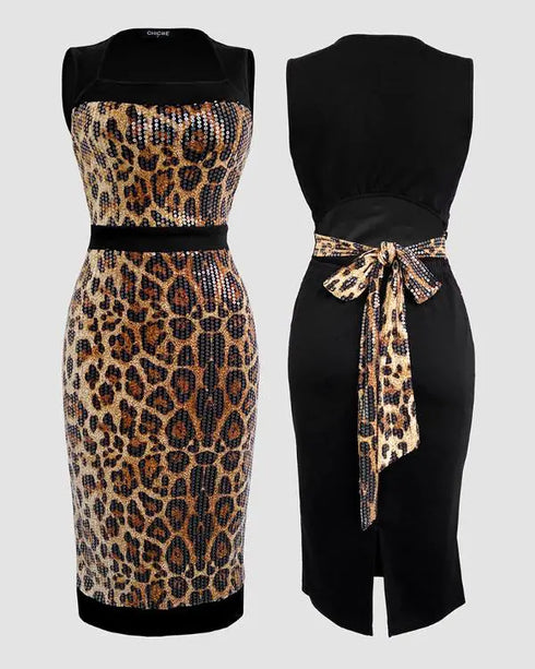 Metal Decor V-Neck Lace Spliced Three Quarters Sleeves Ruffles Design Evening Dress Zipper Back Slit Slim Fit Party Dress with Belt Leopard