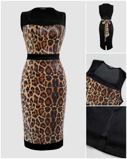 Metal Decor V-Neck Lace Spliced Three Quarters Sleeves Ruffles Design Evening Dress Zipper Back Slit Slim Fit Party Dress with Belt Leopard