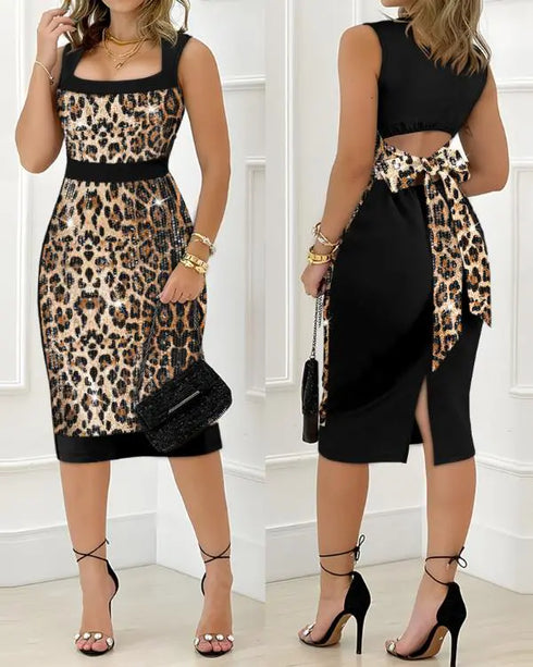 Metal Decor V-Neck Lace Spliced Three Quarters Sleeves Ruffles Design Evening Dress Zipper Back Slit Slim Fit Party Dress with Belt Leopard