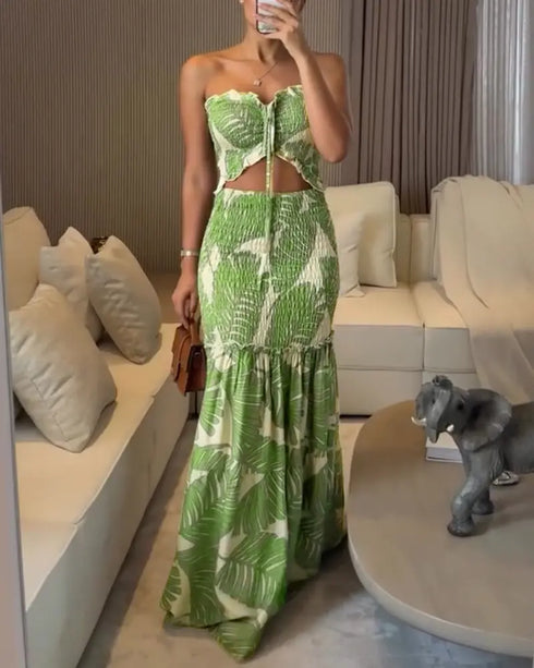 Tropical Print Halter Tie Shirred Frill Trim Cinched Waist Vacation Dress Ruched Cutout Front Slim Fit Ruffle Hem Mermaid Dress green