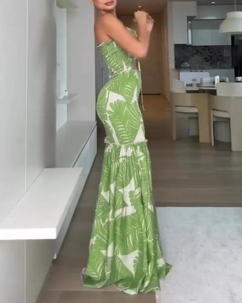 Tropical Print Halter Tie Shirred Frill Trim Cinched Waist Vacation Dress Ruched Cutout Front Slim Fit Ruffle Hem Mermaid Dress green