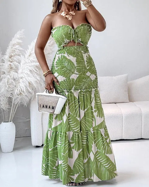 Floral Print Bandeau Sleeveless Shirred Hollow-out Maxi Dress green