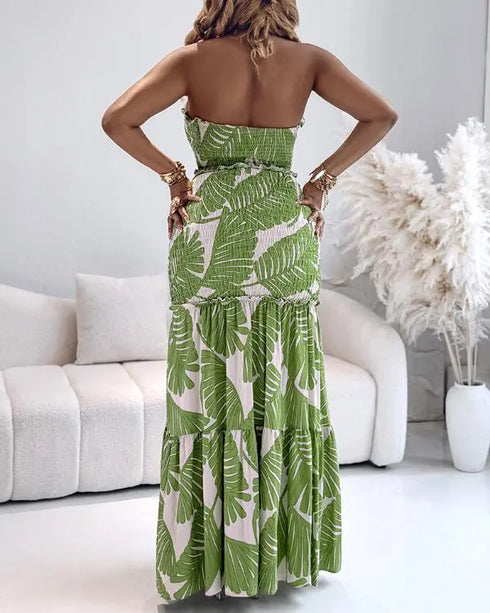 Tropical Print Halter Tie Shirred Frill Trim Cinched Waist Vacation Dress Ruched Cutout Front Slim Fit Ruffle Hem Mermaid Dress green