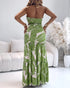 Tropical Print Halter Tie Shirred Frill Trim Cinched Waist Vacation Dress Ruched Cutout Front Slim Fit Ruffle Hem Mermaid Dress green