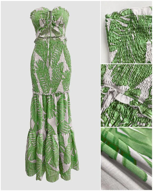 Floral Print Bandeau Sleeveless Shirred Hollow-out Maxi Dress green