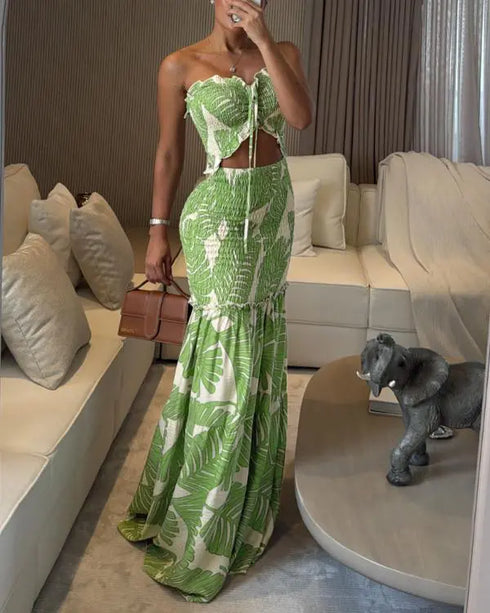 Floral Print Bandeau Sleeveless Shirred Hollow-out Maxi Dress green