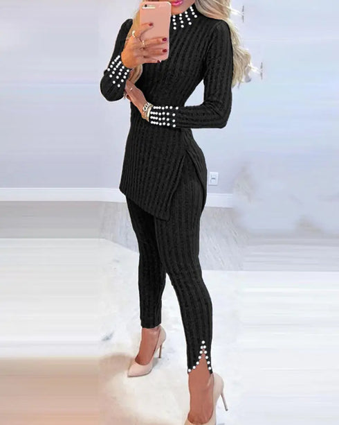 2 Piece Outfits Long Sleeve Beaded Side Slit Knit Top High Waist Skinny Pants Lounge Sets black