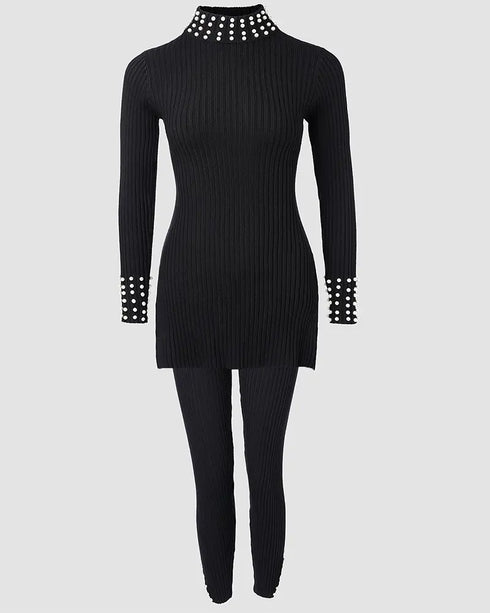 2 Piece Outfits Long Sleeve Beaded Side Slit Knit Top High Waist Skinny Pants Lounge Sets black