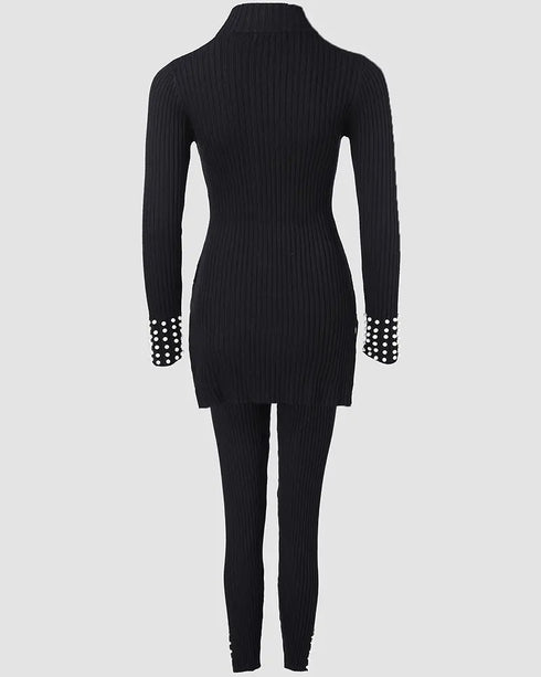 2 Piece Outfits Long Sleeve Beaded Side Slit Knit Top High Waist Skinny Pants Lounge Sets black