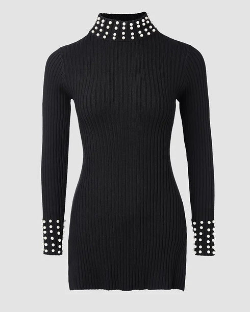 2 Piece Outfits Long Sleeve Beaded Side Slit Knit Top High Waist Skinny Pants Lounge Sets black