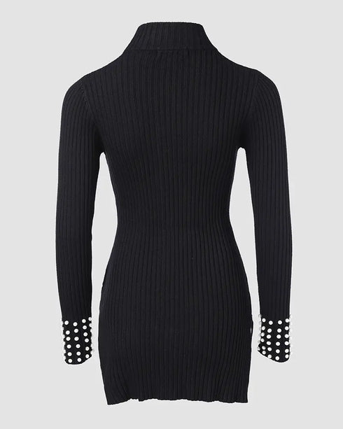 2 Piece Outfits Long Sleeve Beaded Side Slit Knit Top High Waist Skinny Pants Lounge Sets black