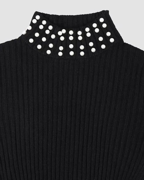 2 Piece Outfits Long Sleeve Beaded Side Slit Knit Top High Waist Skinny Pants Lounge Sets black