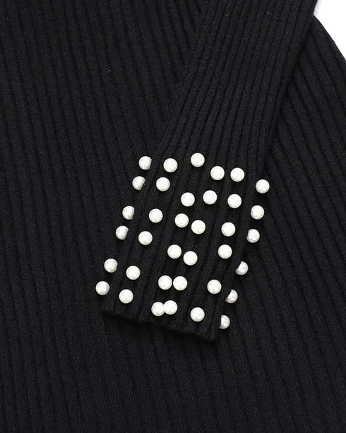 2 Piece Outfits Long Sleeve Beaded Side Slit Knit Top High Waist Skinny Pants Lounge Sets black