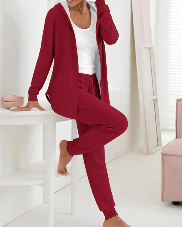 2 Piece Open Front Long Sleeve Hooded Top Drawstring Cuffed Pants Lounge Outfit Tracksuit Set red