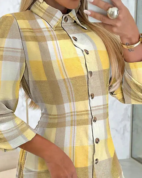 Button Down Shirt Dress Roll Tab Sleeve Side Drawstring Mini Dresses yellow