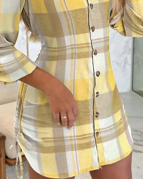 Button Down Shirt Dress Roll Tab Sleeve Side Drawstring Mini Dresses yellow