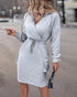 Overlap V-Neck Drop Shoulder Cinched Waist Drawstring Hoodie Dress Casual Flap Cargo Pockets Design Drawstring Elastic Waist Midi Dress gray