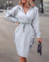 Overlap V-Neck Drop Shoulder Cinched Waist Drawstring Hoodie Dress Casual Flap Cargo Pockets Design Drawstring Elastic Waist Midi Dress gray