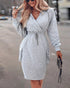 Overlap V-Neck Drop Shoulder Cinched Waist Drawstring Hoodie Dress Casual Flap Cargo Pockets Design Drawstring Elastic Waist Midi Dress gray