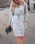 Overlap V-Neck Drop Shoulder Cinched Waist Drawstring Hoodie Dress Casual Flap Cargo Pockets Design Drawstring Elastic Waist Midi Dress gray