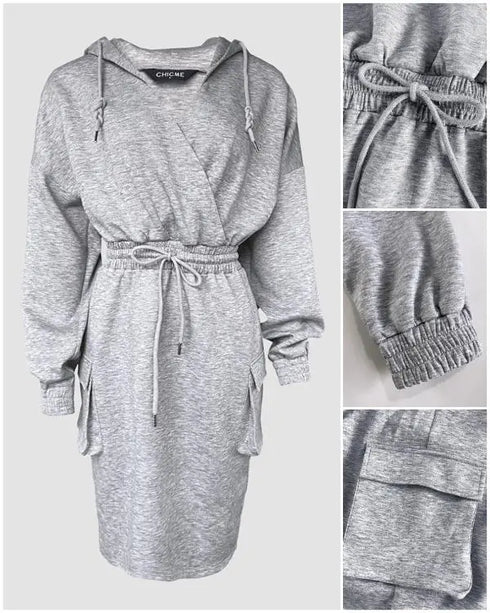 Overlap V-Neck Drop Shoulder Cinched Waist Drawstring Hoodie Dress Casual Flap Cargo Pockets Design Drawstring Elastic Waist Midi Dress gray