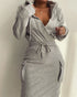 Overlap V-Neck Drop Shoulder Cinched Waist Drawstring Hoodie Dress Casual Flap Cargo Pockets Design Drawstring Elastic Waist Midi Dress gray