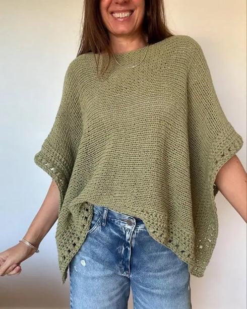 Solid Batwing Sleeve Hollow-out Crochet Pattern Top Casual Cover Up green