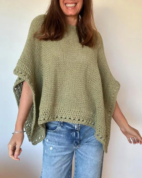 Solid Batwing Sleeve Hollow-out Crochet Pattern Top Casual Cover Up green