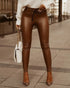 Studded Tied Detail PU Leather Slim Fit Side Sllit High Waist Pants Elegant Pants brown