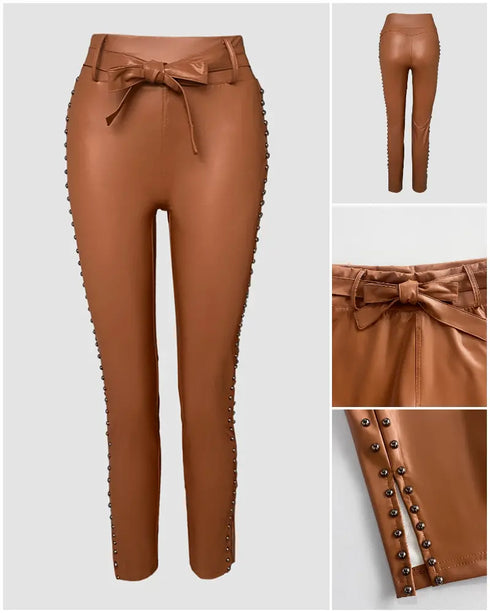 Studded Tied Detail PU Leather Slim Fit Side Sllit High Waist Pants Elegant Pants brown