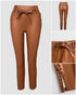 Studded Tied Detail PU Leather Slim Fit Side Sllit High Waist Pants Elegant Pants brown