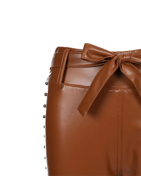 Studded Tied Detail PU Leather Slim Fit Side Sllit High Waist Pants Elegant Pants brown