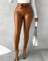 Studded Tied Detail PU Leather Slim Fit Side Sllit High Waist Pants Elegant Pants brown