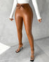 Studded Tied Detail PU Leather Slim Fit Side Sllit High Waist Pants Elegant Pants brown