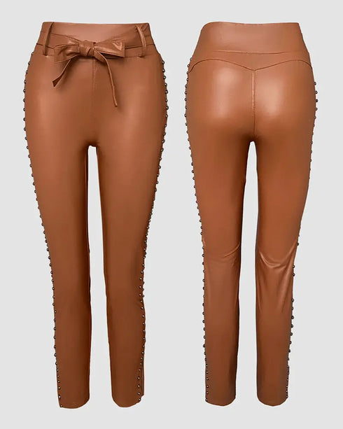 Studded Tied Detail PU Leather Slim Fit Side Sllit High Waist Pants Elegant Pants brown