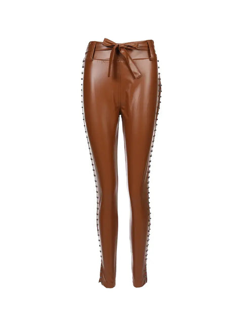 Studded Tied Detail PU Leather Slim Fit Side Sllit High Waist Pants Elegant Pants brown