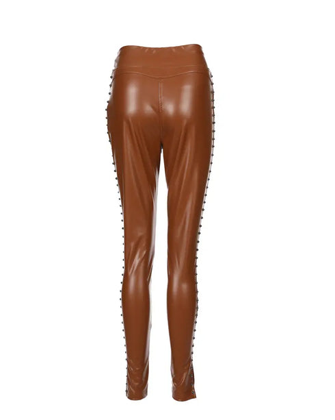 Studded Tied Detail PU Leather Slim Fit Side Sllit High Waist Pants Elegant Pants brown
