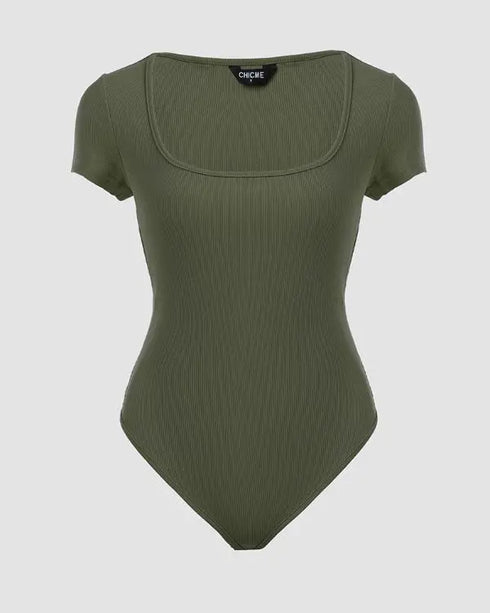 U-Neck Short Sleeve Ribbed Bodysuit green