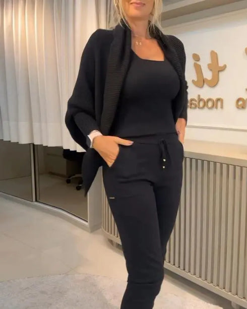 Lapel Batwing Sleeve Casual Cardigan Open Front Sweater (ONLY) black