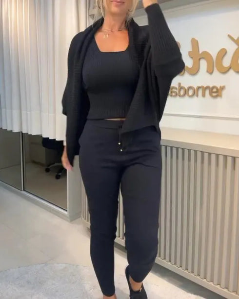 Lapel Batwing Sleeve Casual Cardigan Open Front Sweater (ONLY) black