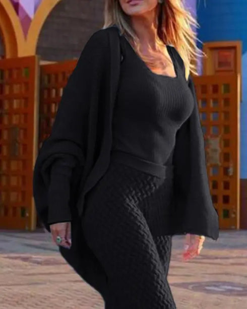 Lapel Batwing Sleeve Casual Cardigan Open Front Sweater (ONLY) black