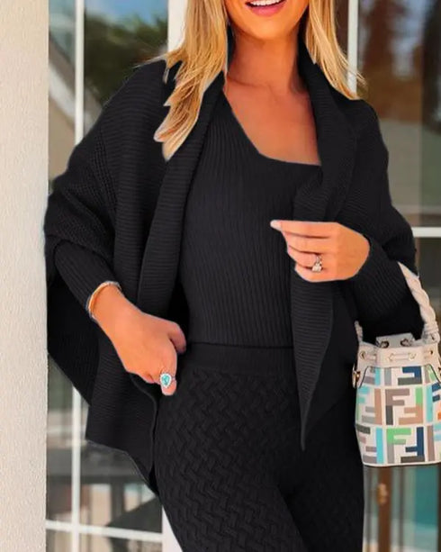 Lapel Batwing Sleeve Casual Cardigan Open Front Sweater (ONLY) black