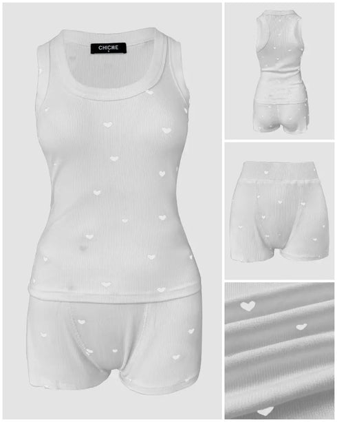 2 Pieces Outfit Heart Print U Neck Sleeveless Tank Top and Casual Strechy Waist Shorts Set Slim Fit Ribbed Pajamas Set light gray