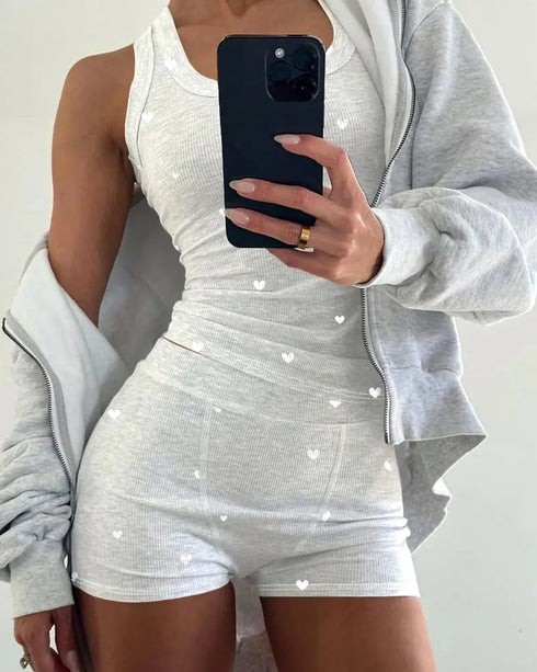 2 Pieces Outfit Ditsy Floral Print U-Neck Tank Top and Elastic Waist Shorts Set Slim Fit Ribbed Set light gray