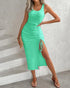 Side Slit Drawstring Ruched Bodycon Casual Sun Maxi Dresses Sleeveless Ribbed Tank Dress green